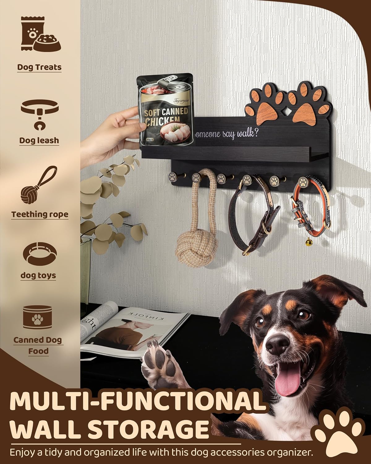 MTERSN Cute Dog Leash Holder for Wall for Pet Station Organizer, Brown