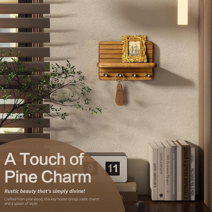 Rebee Vision Pine Wood Key Holder Wall Mount with Shelf for Entryway, Brown | 6 Key Hooks, Round Corner, Smooth&Hand-Friendly, Clear Wood Texture, Space-Saving Design, Organize Mail & Letter