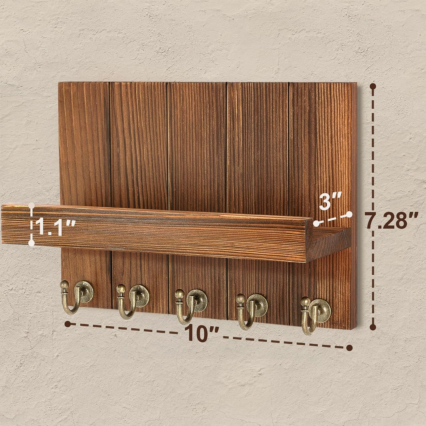 Rebee Vision Key Holder Wall Mount with 5 Key Hooks for Home Decor, Brown | 3.54'' x 10'' x 7.28'', Small Shelf for Display Plant, Key Hangers for Hat, Entryway Space-Saving Storage