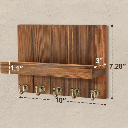 Rebee Vision Key Holder Wall Mount with 5 Key Hooks for Home Decor, Brown | 3.54'' x 10'' x 7.28'', Small Shelf for Display Plant, Key Hangers for Hat, Entryway Space-Saving Storage