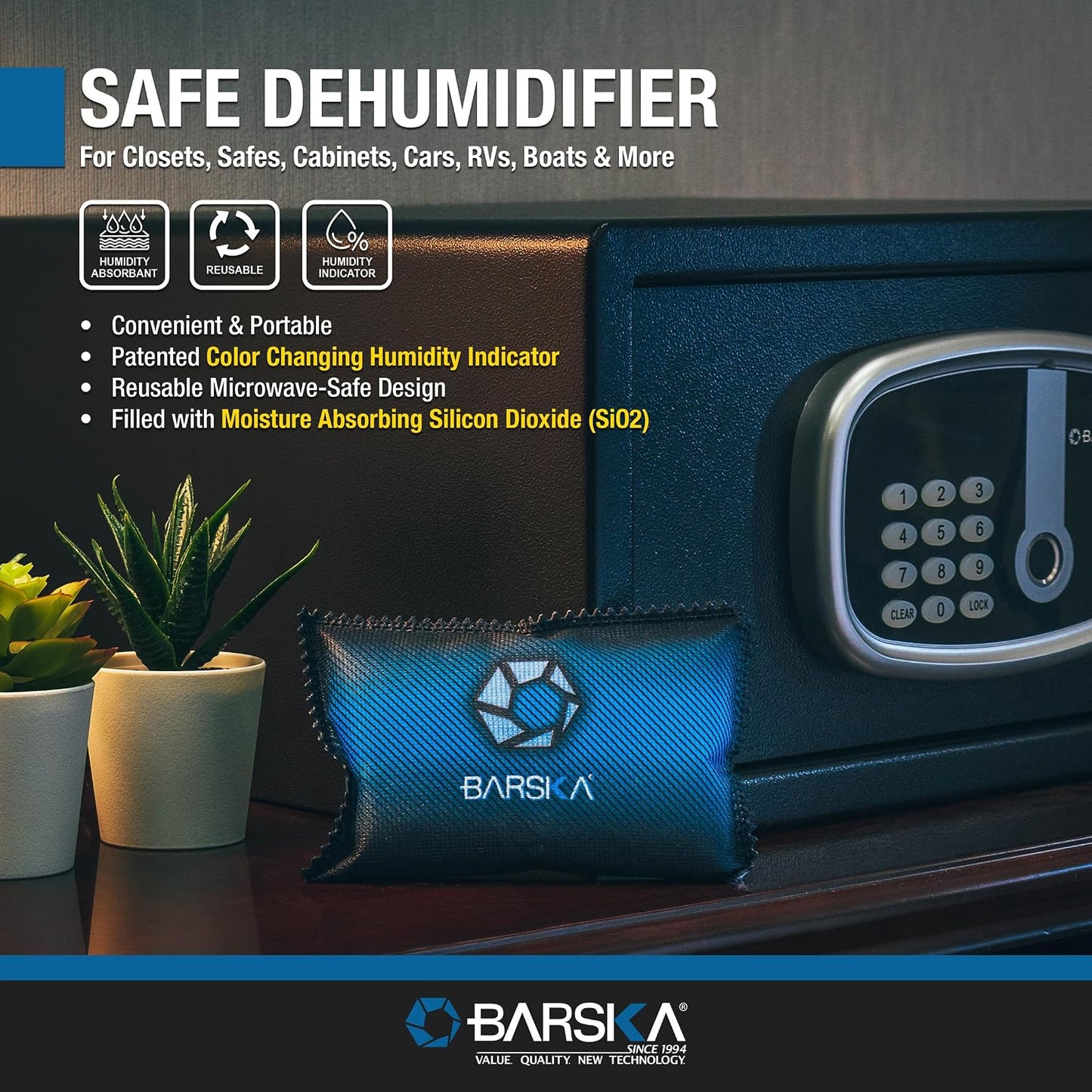 BARSKA Rechargeable Desiccant Dehumidifier - Safe Moisture Absorber for Home Closets, Gun Safes, Basement, Garage, Cars, Microwaveable - Portable Blue Dehumidifying Solution