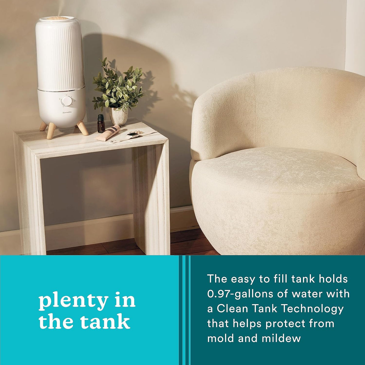 Homedics Ultrasonic Humidifier, Bedrooms and Home Offices, 0.97-Gallon Tank