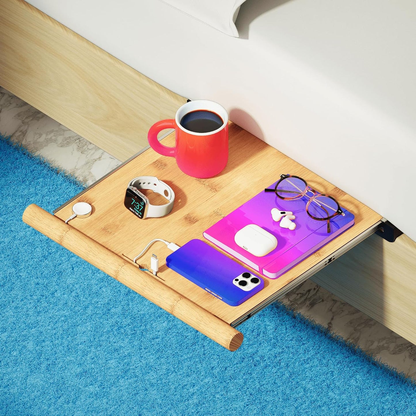 Retractable Bamboo Bedside Shelf – Stowy, The Bedside Organizer for Box Springs, Flat Base and Platform Beds – Bedside Caddy and CPAP Nightstand Solution