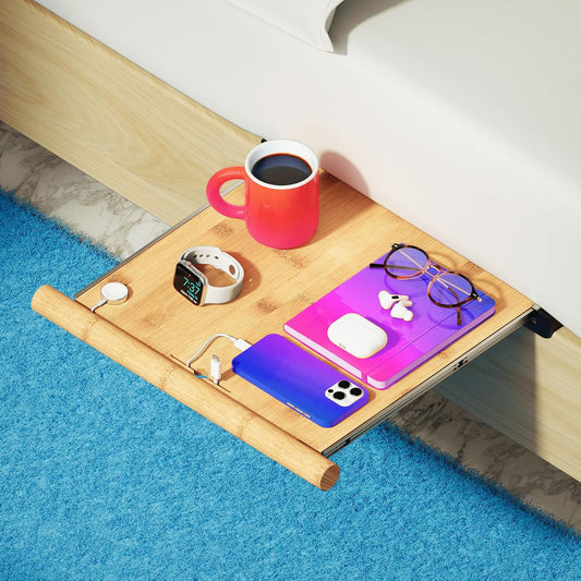Retractable Bamboo Bedside Shelf – Stowy, The Bedside Organizer for Box Springs, Flat Base and Platform Beds – Bedside Caddy and CPAP Nightstand Solution