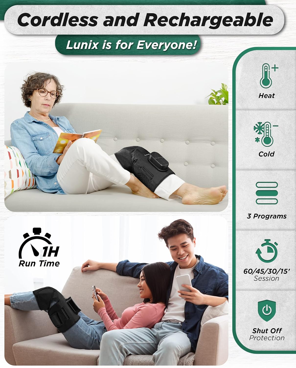 Lunix LX4 FSA Cordless Knee Massager with Heat, Compression & Vibration, Rechargeable Wrap for Knee, Calf & Thigh, Hot/Cold Therapy Option, Touchscreen Control for Everyday Comfort, Charcoal Black