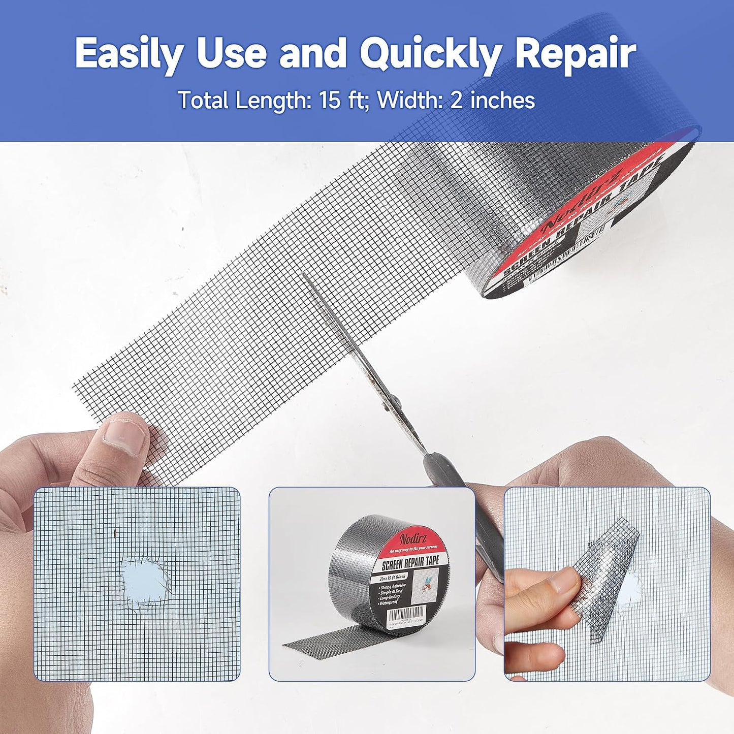 Window Screen Repair Tape, 2 in X 15 FT (180IN) Screen Repair Kit for Windows or Doors, Strong Adhesive Screen Patch Repair Kit Mesh Repair (Black, 15 FT)