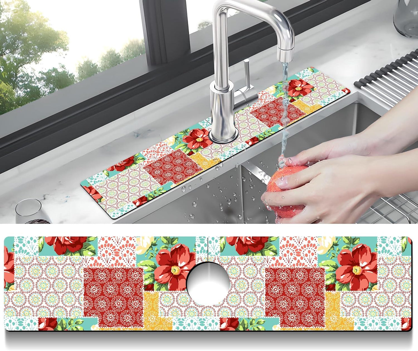 Kitchen Sink Splash Guard Faucet Mat Super Absorbent Fast Drying Mat Sink Gadgets Splash Guard Behind Faucet Drip Catcher for Kitchen (Pink Red Roses Floral, 23.5x5.5in)