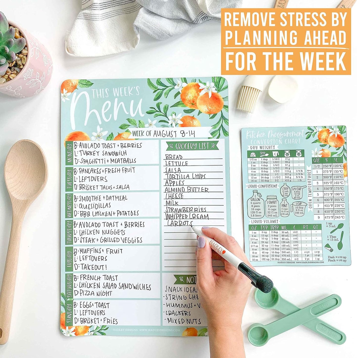Hadley Designs Weekly Meal Planner for Fridge - Dinner Menu Board for Kitchen, Kraft Weekly Menu Board Dry Erase, Dry Erase Meal Planner for Fridge, Grocery List for Fridges with Conversion Chart