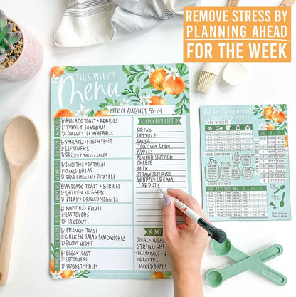 Hadley Designs Weekly Meal Planner for Fridge - Dinner Menu Board for Kitchen, Kraft Weekly Menu Board Dry Erase, Dry Erase Meal Planner for Fridge, Grocery List for Fridges with Conversion Chart