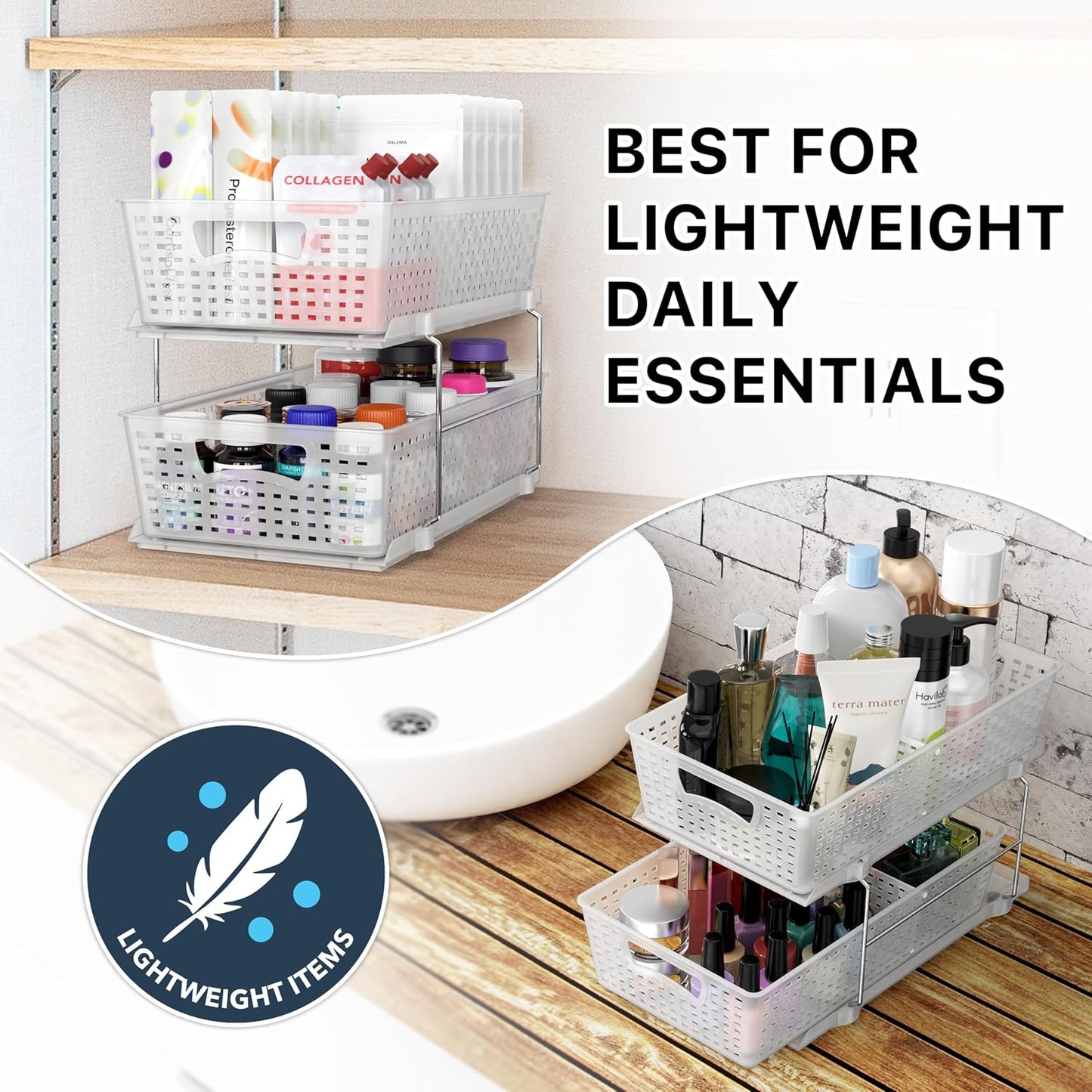 Simple Houseware 2 Tier Pull-Out Sliding Drawer Under Sink Storage, White | Great for Kitchen Bathroom Tray Shelf Organizer