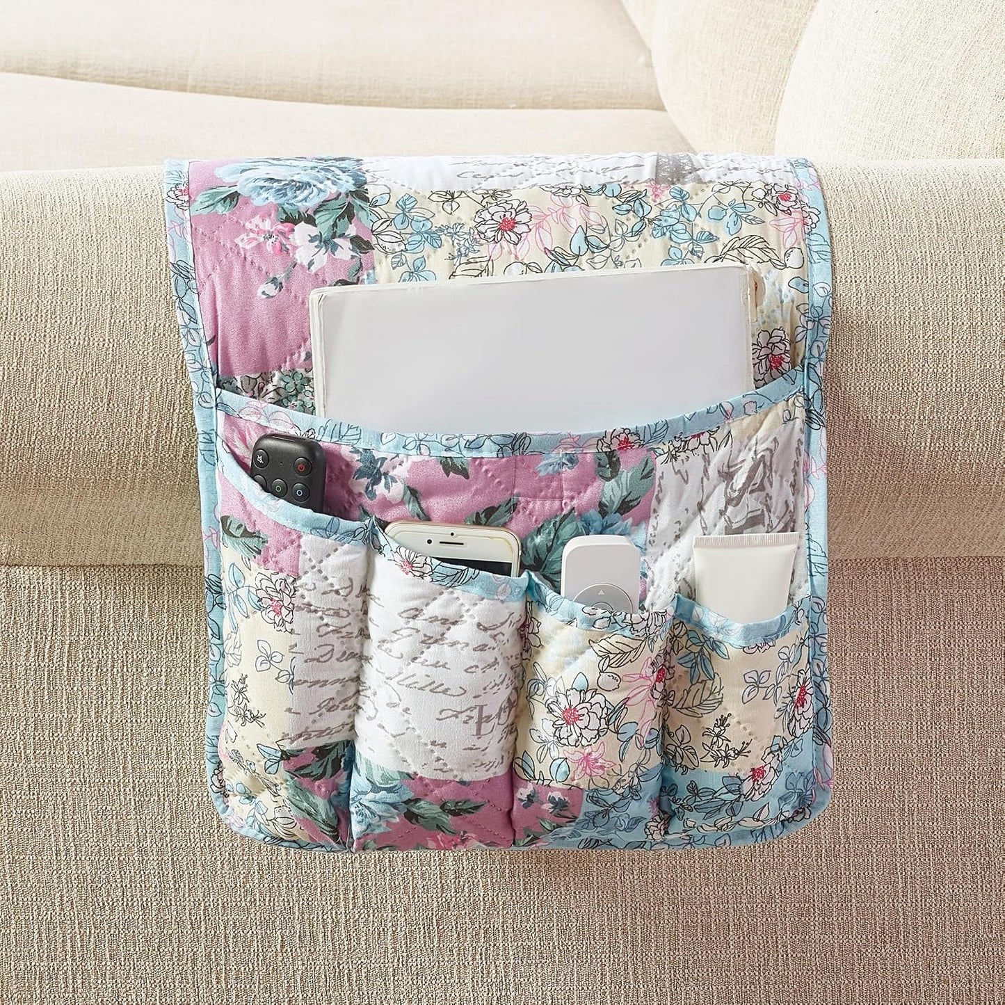 Brilliant Sunshine Burgundy Toile Floral Couch Armrest Cover, 35"×13" | Washable Magazine Holder, Armrest Organizer & Caddy on Sofa, Recliner, Armchair, Storage for Remote Controls, Phone, iPad