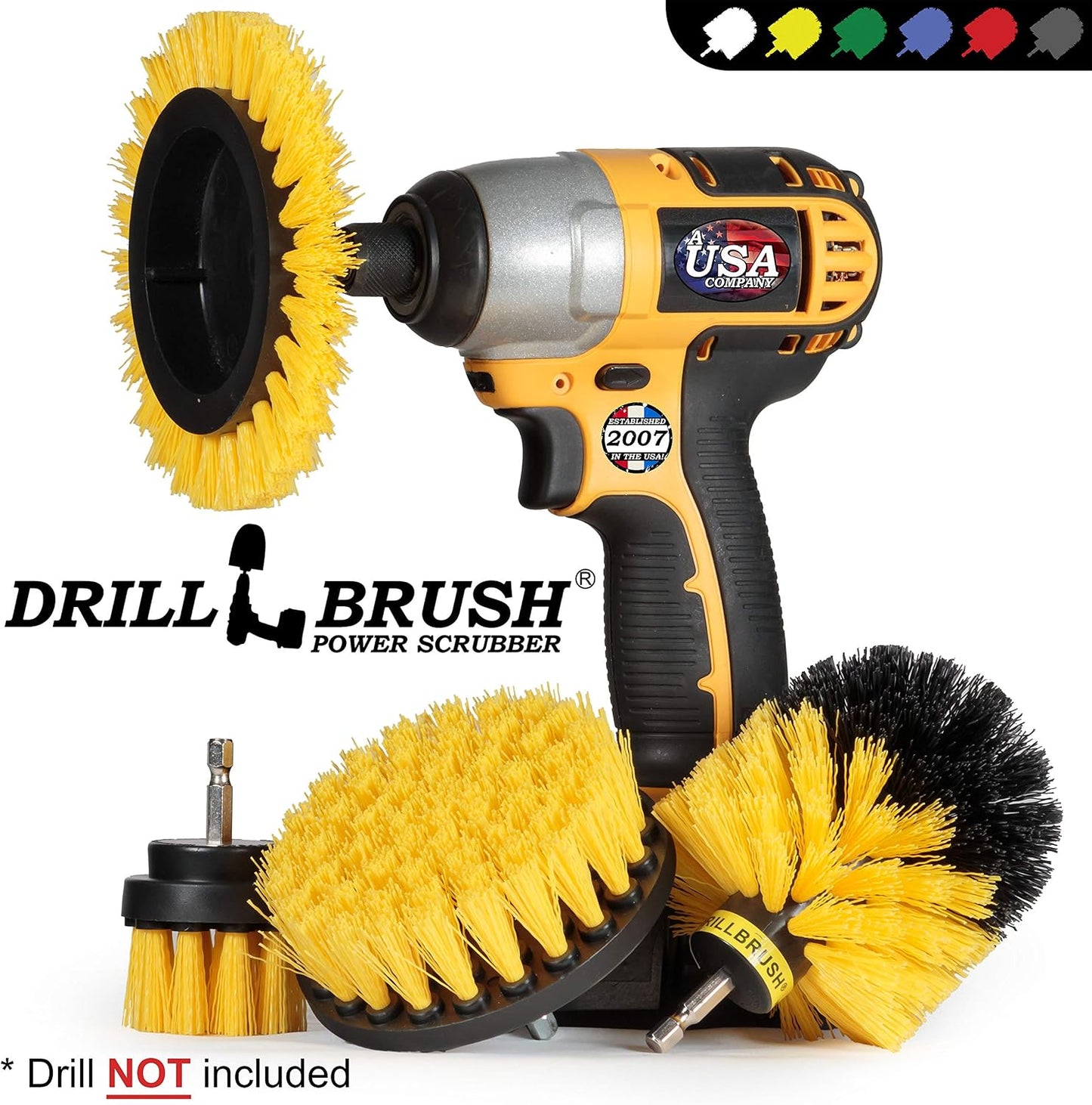 Yellow Drill Brush Attachments for Cleaning Shower, Grout Lines, Bathroom | Grout Cleaner Drillbrush Kit - Rotary Scrub Brush Tile Cleaner Drill Attachment for Crevices - Bathroom Tile Scrubber Set