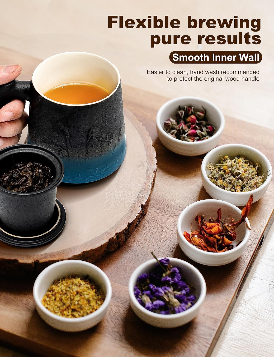 suyika Tea Cup with Infuser and Lid, Gradient Black & Blue, 15.2oz /450ml