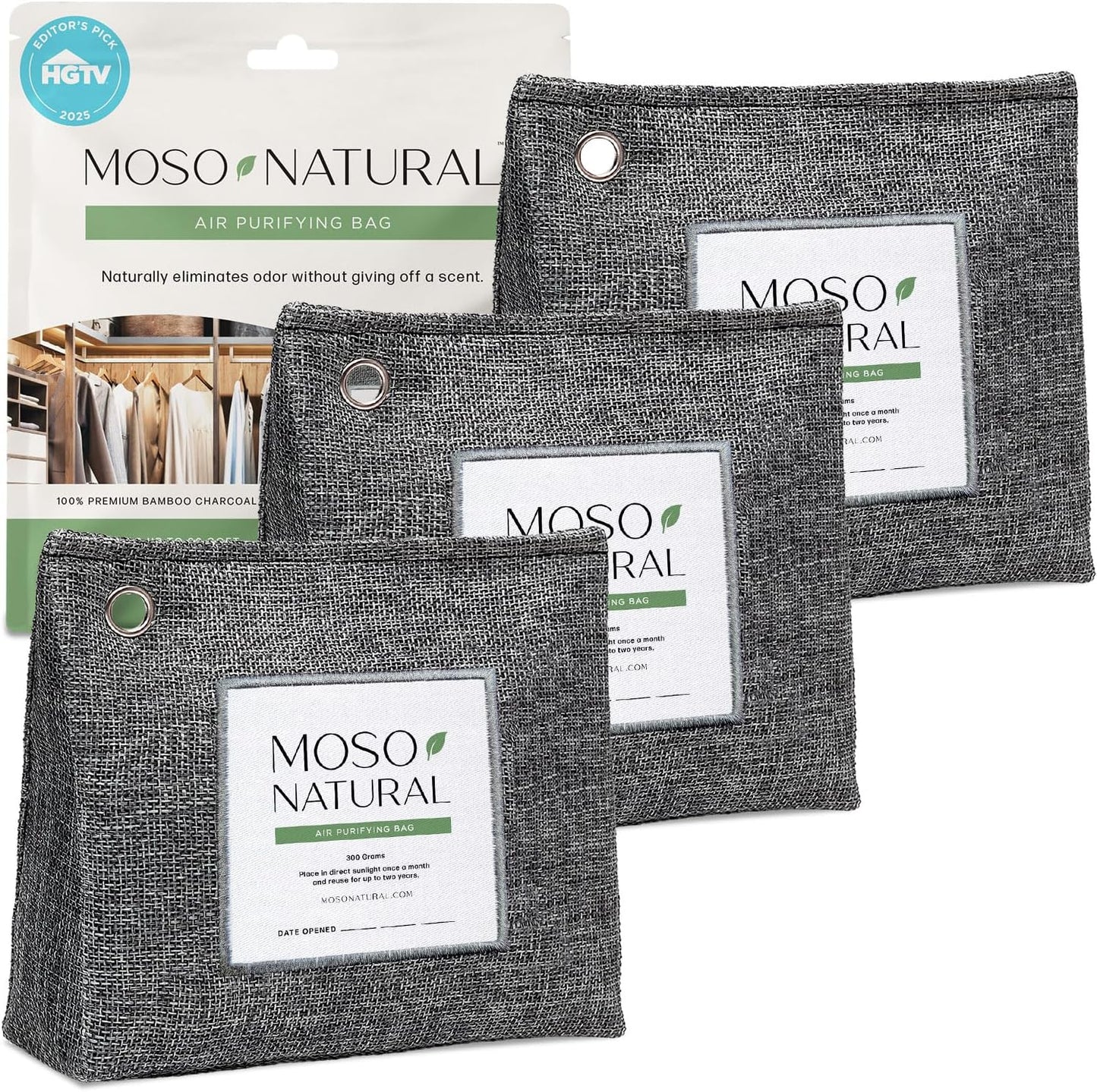 Moso Natural Air Purifying Bag 300g, Premium Charcoal Odor Absorber & Deodorizer for Closets, Bathrooms & Small Spaces — Lasts 2 Years, Pet Odor Eliminator for Home, Unscented Bamboo Charcoal Bag