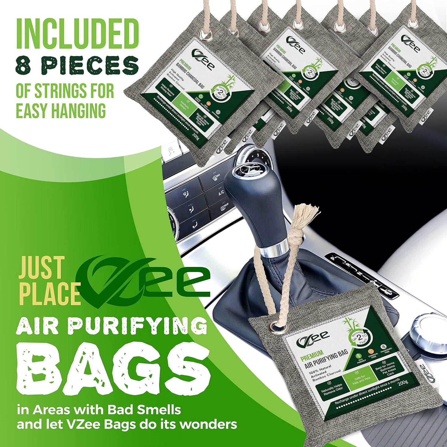 8 XL Bags x 200g Bamboo Charcoal Odor Absorber (1,600g Total),Activated Charcoal Air Purifying Bag, Odor Eliminator for Home, Basement, Smoke, Mothball, Pet, Car, Closet, Shoes