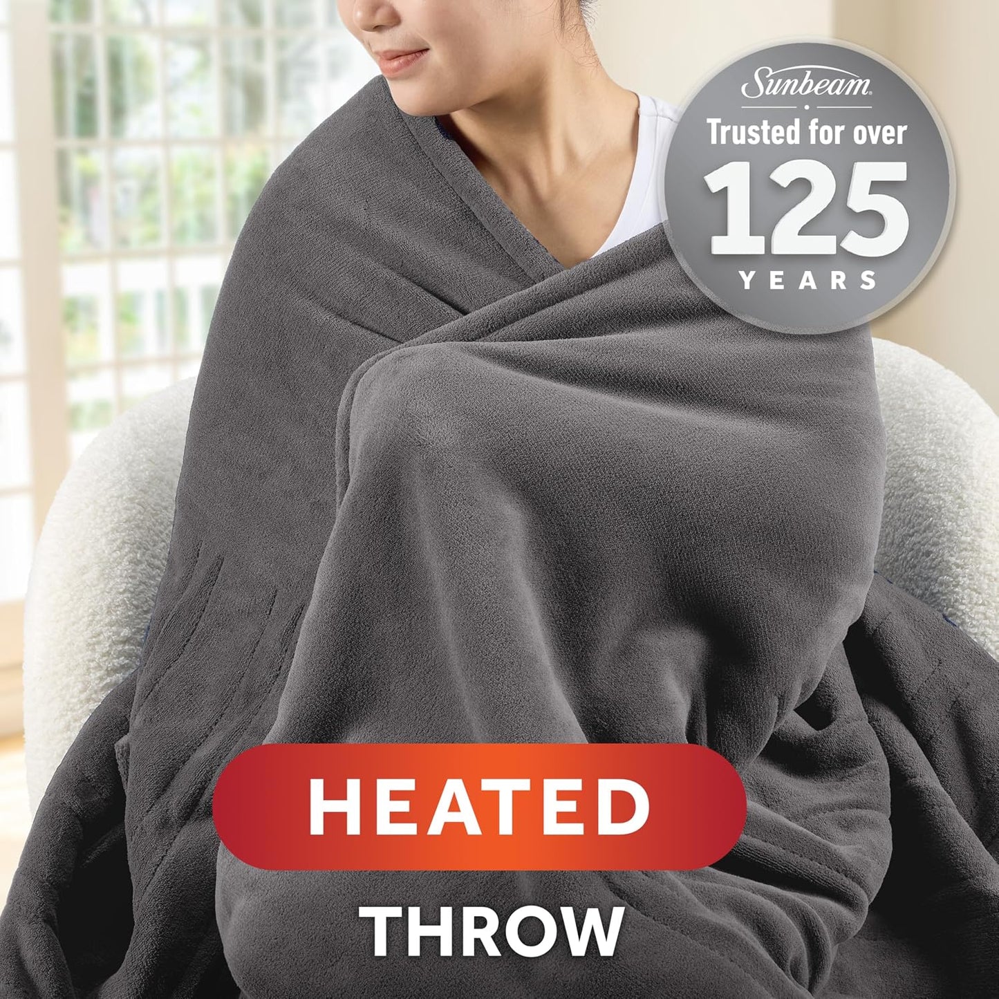 Sunbeam Electric Throw Royal Luxe Microplush Heated Blanket, 4 Heat Settings, 4-Hour Auto Shut-Off, Fast Heating, Warm and Cozy, Walnut Color, 50" x 60"
