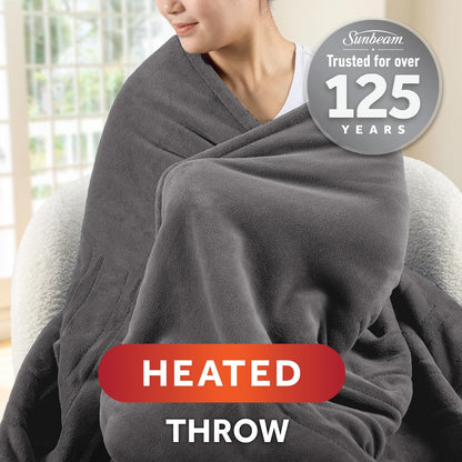Sunbeam Electric Throw Royal Luxe Microplush Heated Blanket, 4 Heat Settings, 4-Hour Auto Shut-Off, Fast Heating, Warm and Cozy, Walnut Color, 50" x 60"