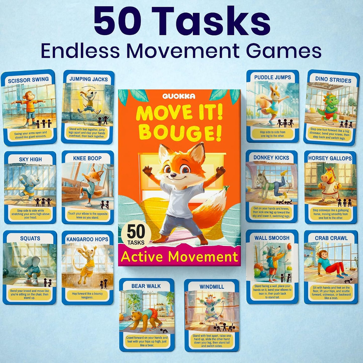 Active Movement Game for Kids Ages 4–8 - Educational Card Game | Animal-Themed Card Set with 50 Movement Tasks for Indoor and Outdoor Brain Breaks, Home and Classroom Activities