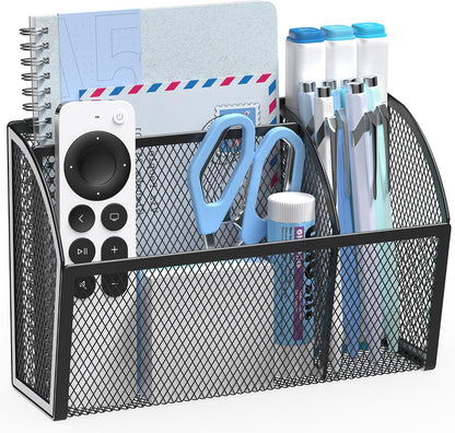 YINGHUA 3 Compartment Magnetic Metal Mesh Pen Holder, Black Desk Caddy | Perfect magnetic organizer for locker, whiteboard, refrigerator, or office. Easily holds pens and accessories