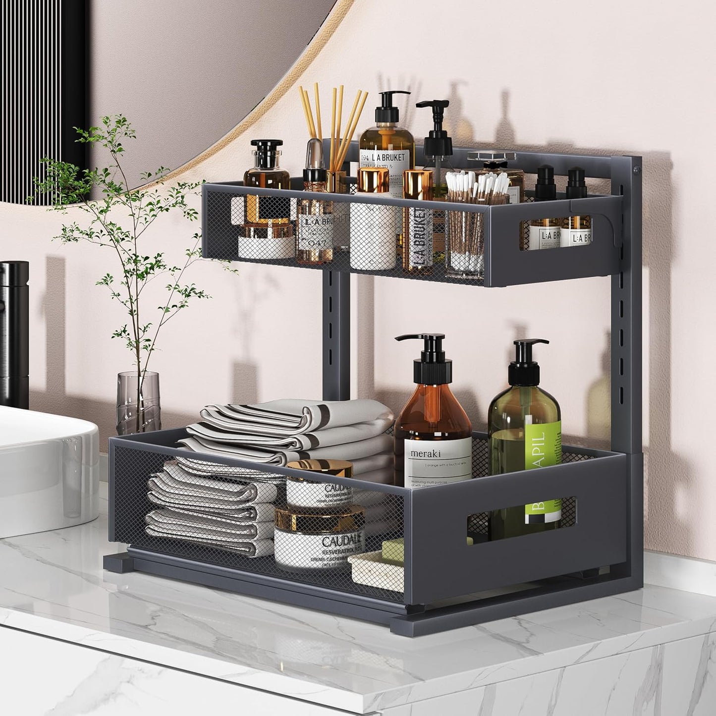 Petiza Under Sink Organizer Adjustable Height 2 Tier Bathroom Organizer Pull Out Cabinet Organer kitchen organizers and storage fridge organizers and storage,White,XL-1 Pack
