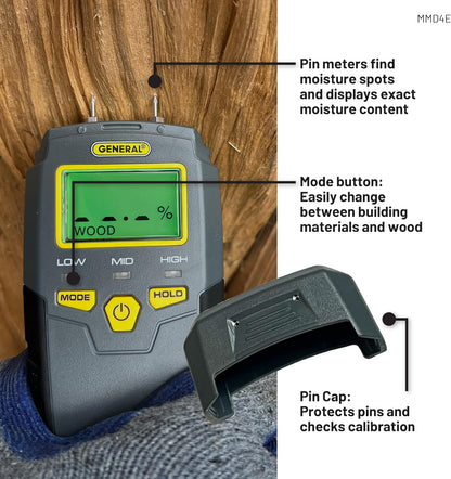 General Tools MMD4E Moisture Meter for Wood, Walls & Water Leak Detection | Pinless wood moisture meter for drywall & walls. Detects mold & humidity. Water leak detector for home moisture testing.