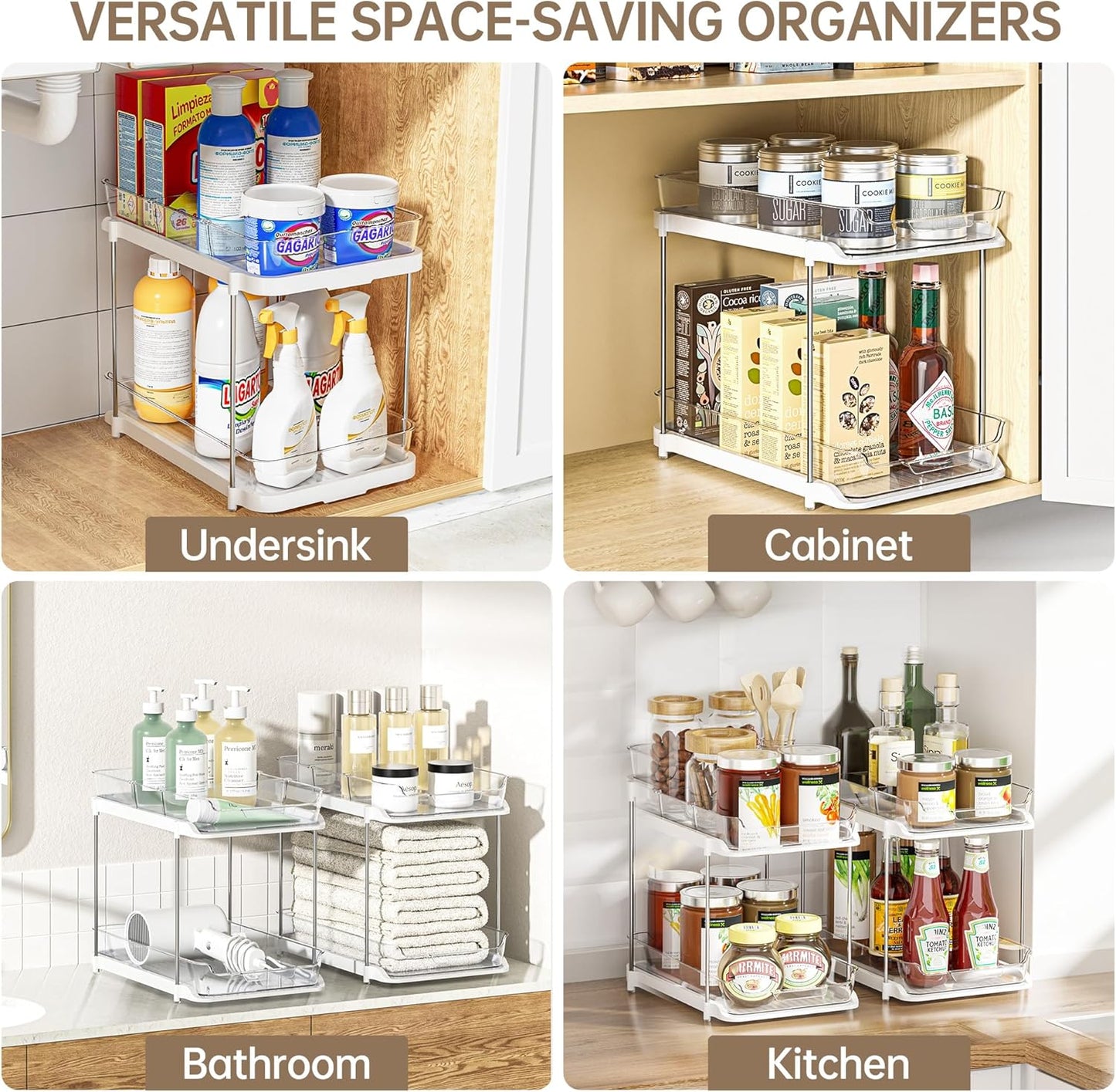 Delamu 2-Tier Multi-Purpose Bathroom Under Sink Organizers and Storage, Stackable Kitchen Pantry Organization, Pull Out Medicine Cabinet Organizer with Movable Dividers, White, 2 Pack