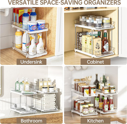 Delamu 2-Tier Multi-Purpose Bathroom Under Sink Organizers and Storage, Stackable Kitchen Pantry Organization, Pull Out Medicine Cabinet Organizer with Movable Dividers, White, 2 Pack