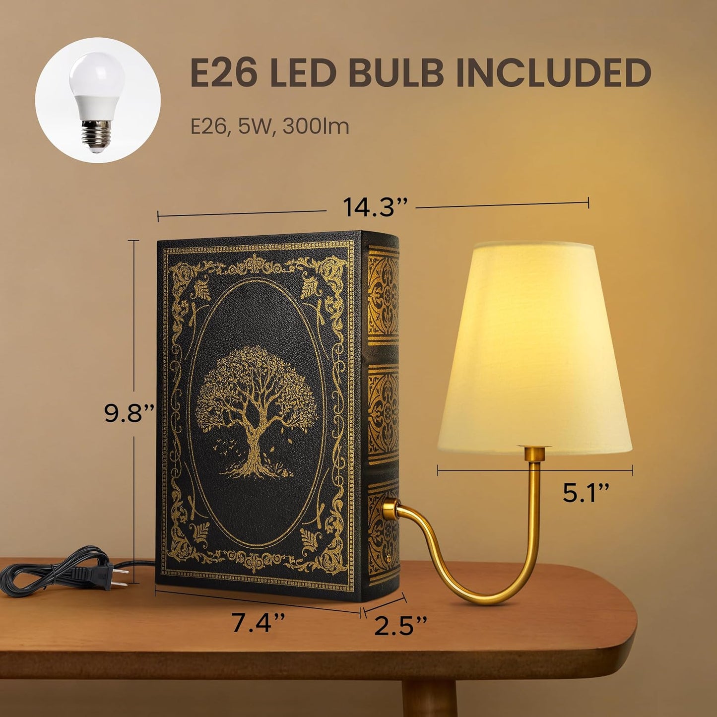 AELS Solid Wood Bookshelf Lamp with Bulb, Cordless Rechargeable Touch Dimmable Table Lamp with Linen Fabric Shade, Modern Decorative Bookend Lamp for Bedroom, Office & Bookshelf Decor, Dark Brown