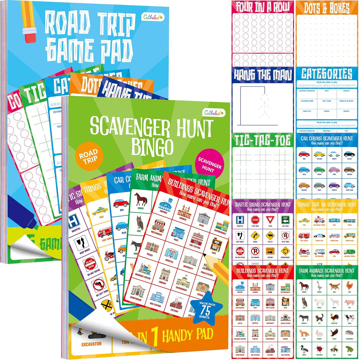 Road Trip Game Pad, 80 Perforated Sheets Travel Activity Pad, 5 Games in 1 Pad, Plane, Car Trip Activity, Pen Pencil & Paper Game for Kids, Adults (6” x 9”)