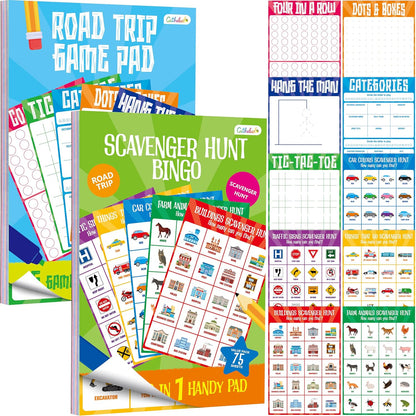 Road Trip Game Pad, 80 Perforated Sheets Travel Activity Pad, 5 Games in 1 Pad, Plane, Car Trip Activity, Pen Pencil & Paper Game for Kids, Adults (6” x 9”)