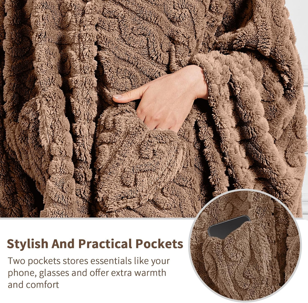 Wearable Blanket Sherpa Fleece Shawl Blanket with Pockets Blanket Poncho Cape for Adults, Cozy Shawl TV Throw Blankets
