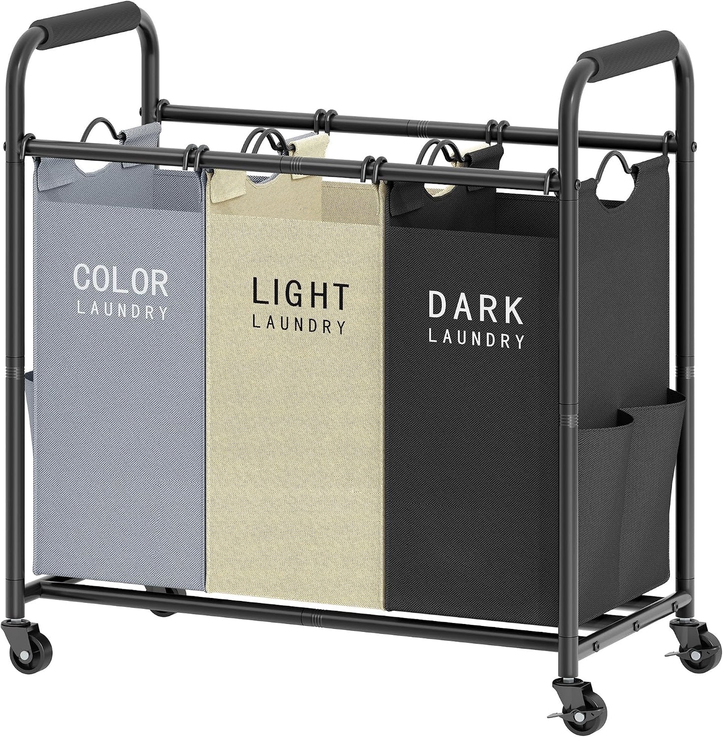 2 Bag Laundry Sorter Cart, Black & Grey | 50lbs Large Capacity, Removable Laundry Bags, Heavy Duty Lockable Rolling Wheels, Laundry Hamper Basket for Clothes Storage