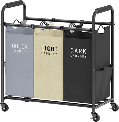 2 Bag Laundry Sorter Cart, Black & Grey | 50lbs Large Capacity, Removable Laundry Bags, Heavy Duty Lockable Rolling Wheels, Laundry Hamper Basket for Clothes Storage