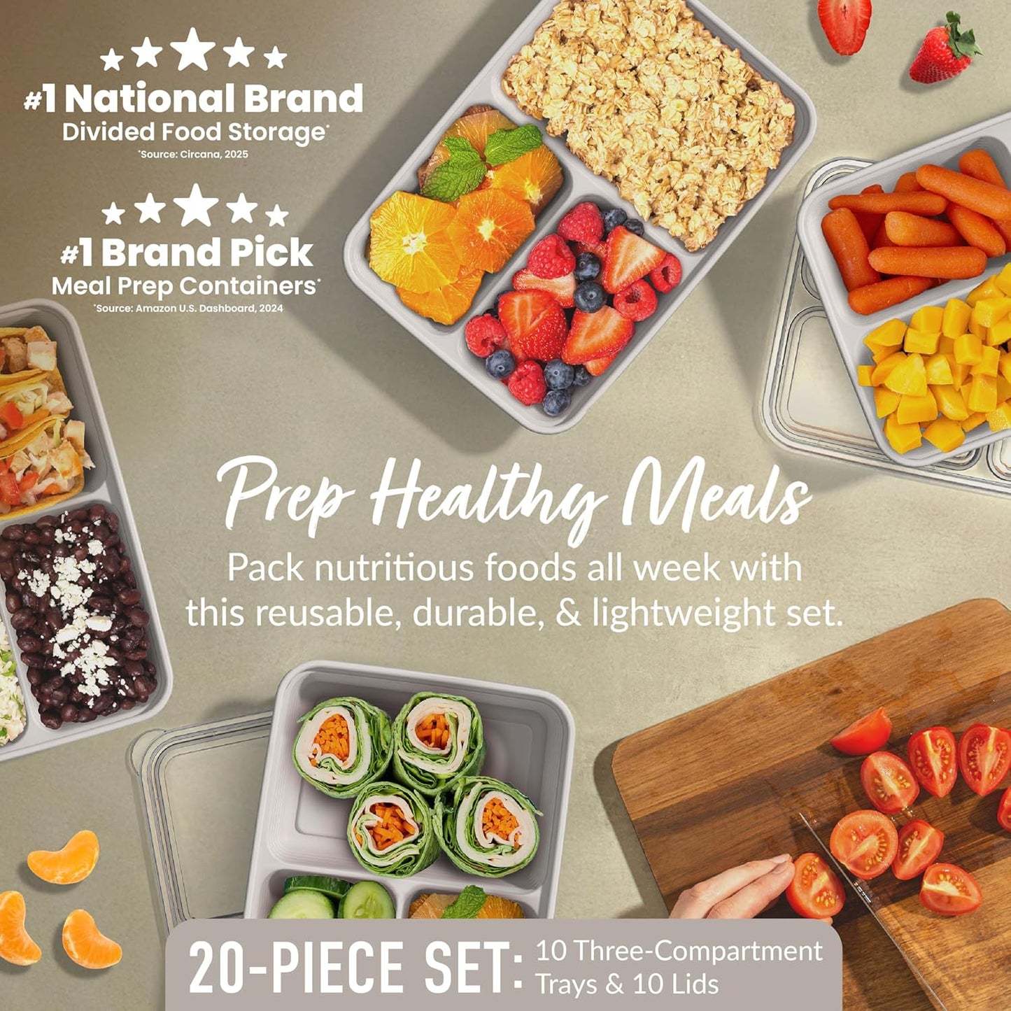 Bentgo Prep 3-Compartment Meal Prep Containers with Lids, 20 Piece Set | 4-Cup Capacity, Portion Control, Stackable, Microwave, Freezer & Dishwasher-Safe, PFAS & BPA-Free (Navy Blue)