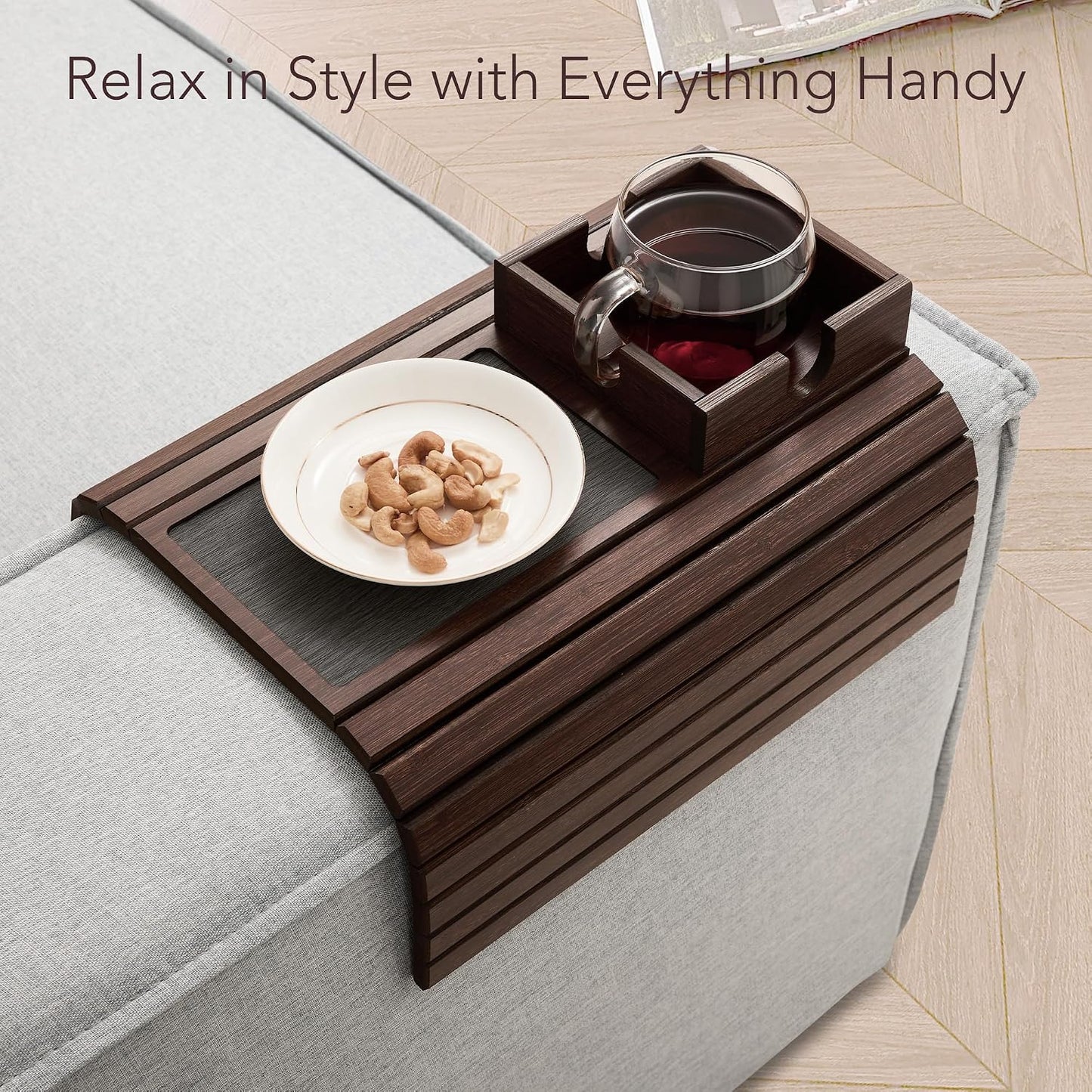 Detor Couch Cup Holder Tray with Super Anti-Slip Pad, Large 4.5" x 4.5" Organizer, Brown-Stained Bamboo Finish, Enhanced Non-Slip Felt Base, Durable Bamboo Slats, Fits Armrests 5.5" and Wider