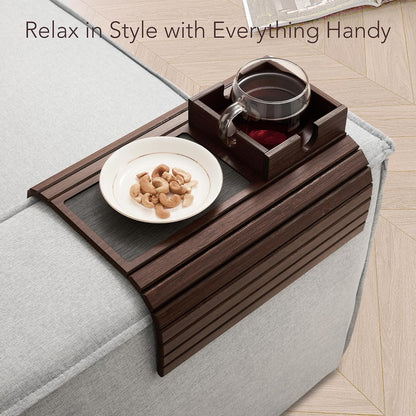 Detor Couch Cup Holder Tray with Super Anti-Slip Pad, Large 4.5" x 4.5" Organizer, Brown-Stained Bamboo Finish, Enhanced Non-Slip Felt Base, Durable Bamboo Slats, Fits Armrests 5.5" and Wider