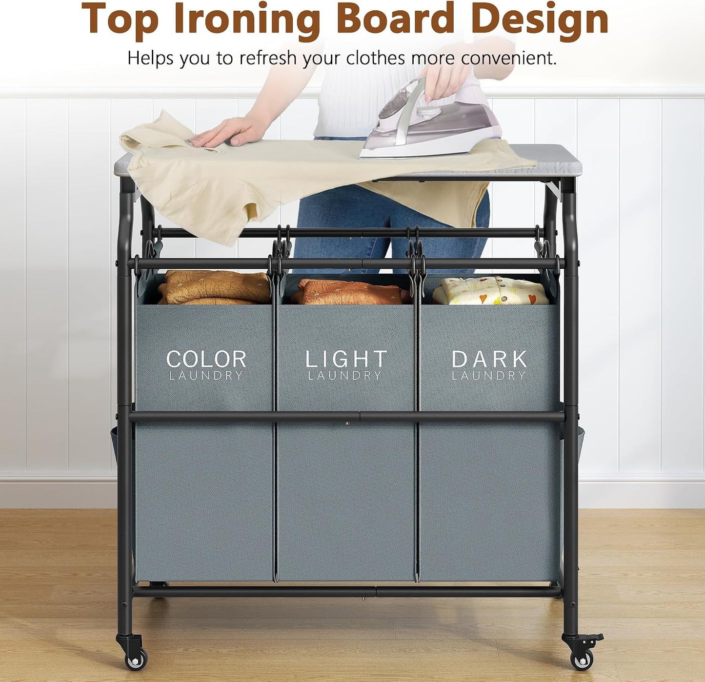 Hoctieon 3 Section Laundry Sorter with Iorning Board, Laundry Hamper, Black | Lockable Wheels, Laundry Basket Organizer with Wheels, Heavy Duty Clothes Organizer, Large Clothes Separator, Removable Bags