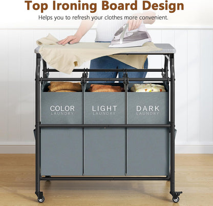 Hoctieon 3 Section Laundry Sorter with Iorning Board, Laundry Hamper, Black | Lockable Wheels, Laundry Basket Organizer with Wheels, Heavy Duty Clothes Organizer, Large Clothes Separator, Removable Bags