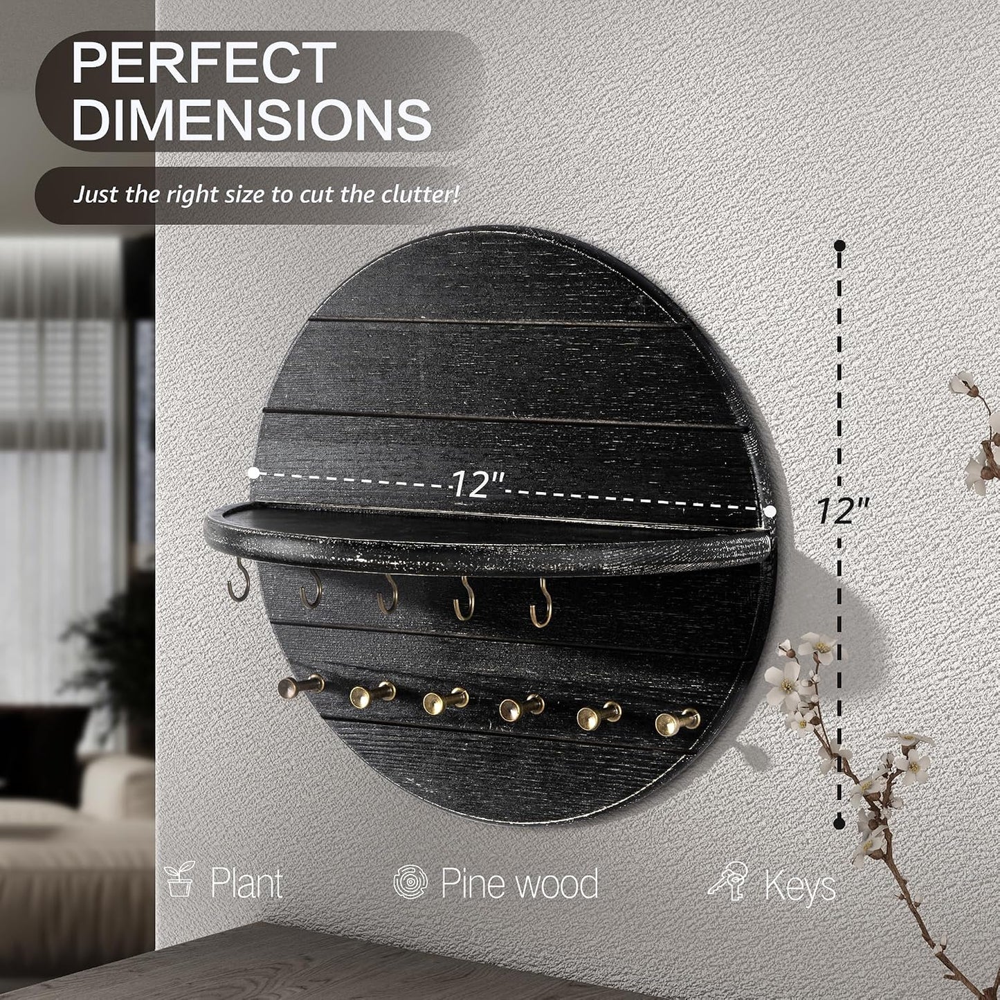 Rebee Vision Pine Wood Round Key Holder Wall Mount for Home Decor, Brown | Round Corner, Key Hooks for Dog leashes & Sunglasses, Display Shelf for Plant & Letters, Mail Organizer, Home Essentials