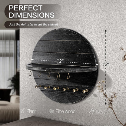 Rebee Vision Pine Wood Round Key Holder Wall Mount for Home Decor, Brown | Round Corner, Key Hooks for Dog leashes & Sunglasses, Display Shelf for Plant & Letters, Mail Organizer, Home Essentials