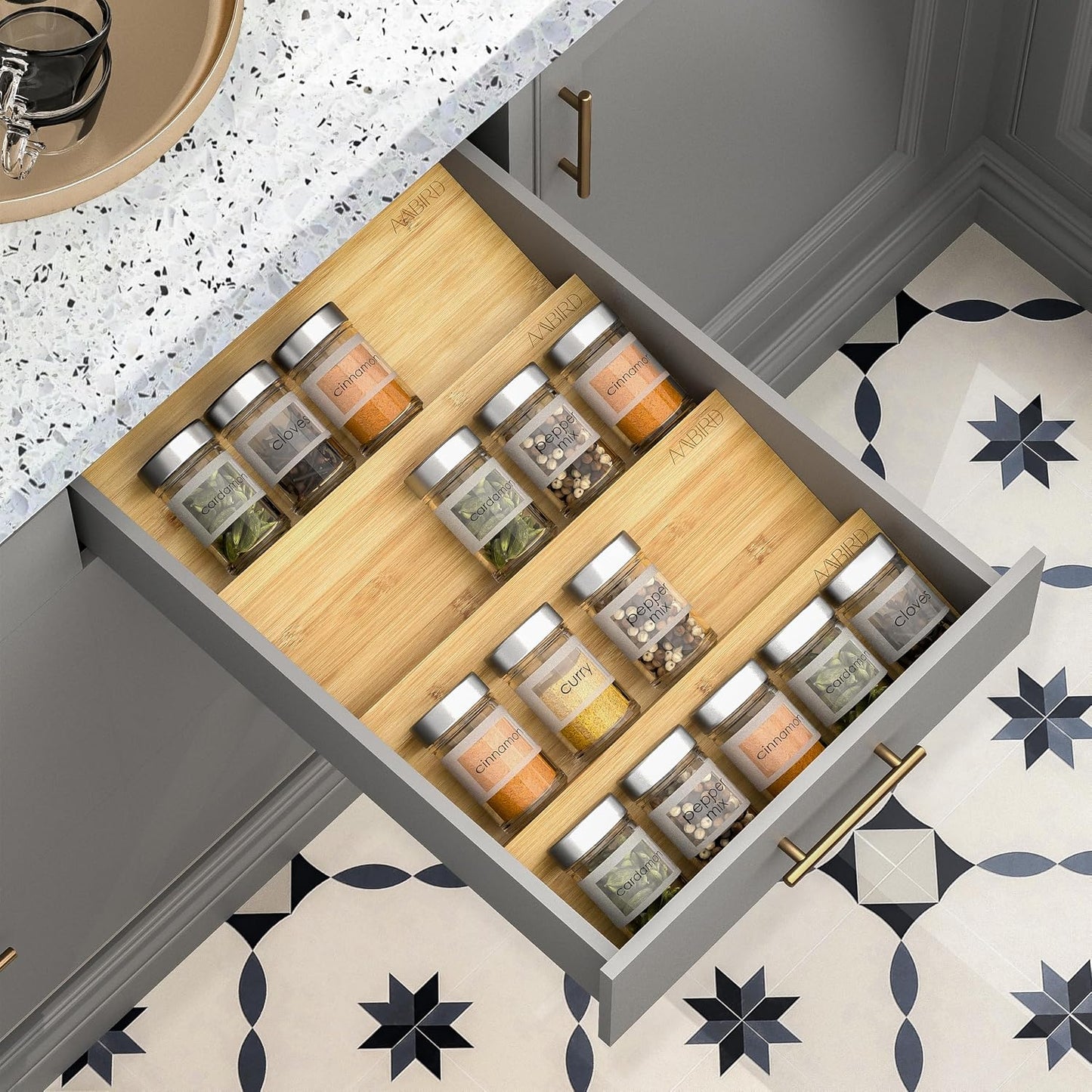 AMBIRD Bamboo Spice Drawer Organizer with Non-slip Mat,4 Tier - 2 Set Jar Spice Rack Tray From 9.5''to 19'', Seasoning Organizer for Kitchen,Cabinet,Drawers,Countertop