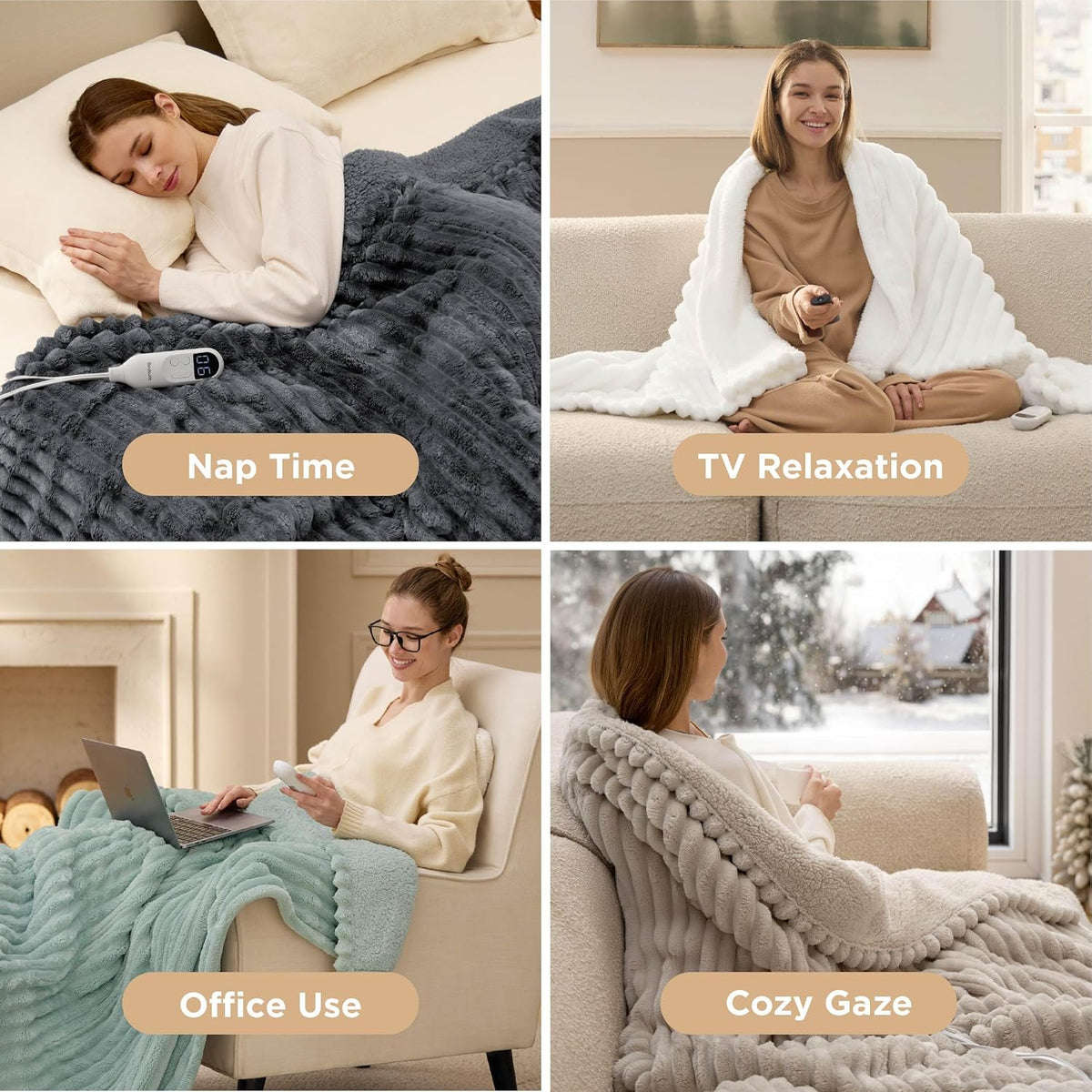 Bedsure Heated Blanket Electric Throw - Thick Striped Fast Heating Electric Blanket with Preheat Function, 6 Heat & 6 Timer (Up to 10H), 8H Auto Off, ETL Certified, Gifts for Women (50"x60", White)