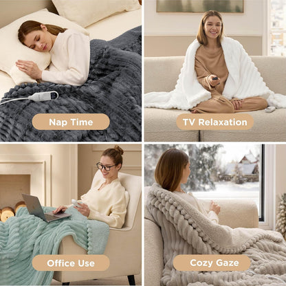 Bedsure Heated Blanket Electric Throw - Thick Striped Fast Heating Electric Blanket with Preheat Function, 6 Heat & 6 Timer (Up to 10H), 8H Auto Off, ETL Certified, Gifts for Women (50"x60", White)