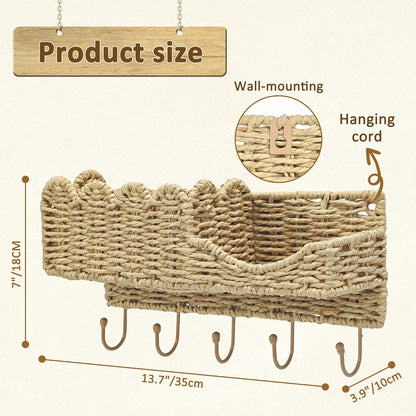 Hook-Woven Wicker Key Holder and Mail Organizer | Natural Paper Rattan Scalloped Wave Design Decorative Wall Mount for Entryway, Living Room, Hallway
