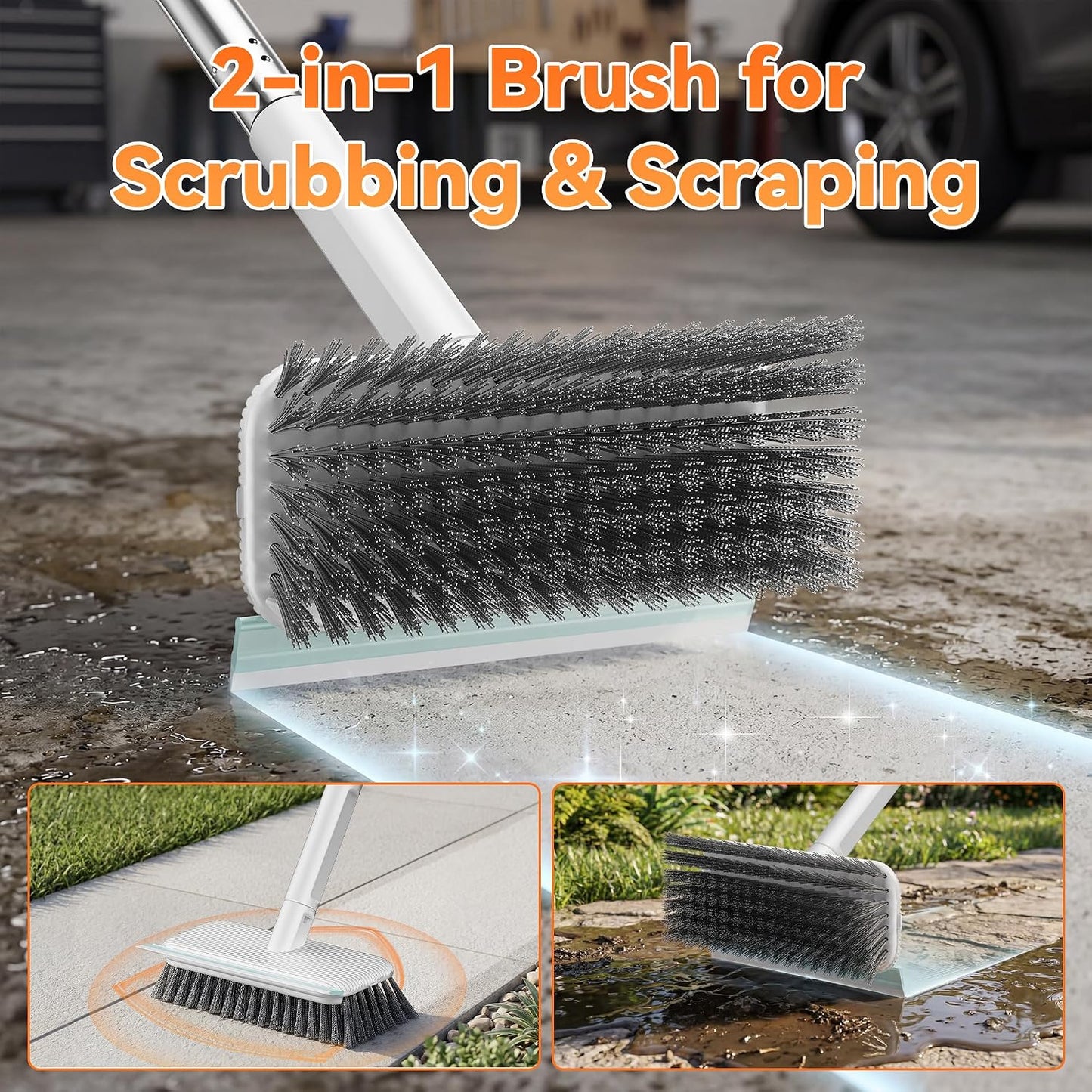 Floor Scrubber, Stainless Steel Wire Scrub Brush with Long Handle | Sturdy, with Squeegee, Deep Cleaning for Concrete, Patio, Driveway, Garage Floor, Pavers, Grout & Moss Removal