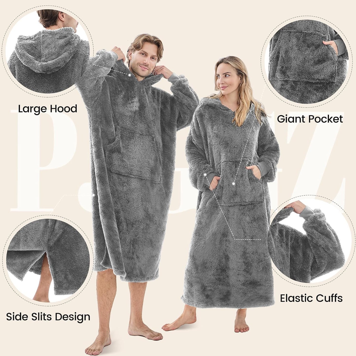 PJGGZ Wearable Blanket Hoodie for Women Men, Fleece Warm Comfy Hooded Sweatshirt with Pockets & Sleeves Cozy Gift for Adult
