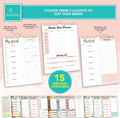 Decorably 52 Sheets Pastel Rainbow Undated Magnetic Weekly Meal Planner | 8.5x11in Grocery List Notepad Meal Planner with 4 Strong Magnets - Spring-Bound, Refrigerator Mountable, Easy Tear-Off Design