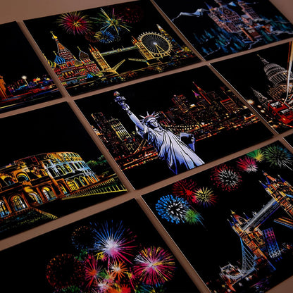 12-Sheet Rainbow Scratch Art Set with Tools, World Landmark Postcard Kit | Rainbow scratch paper and scratch cards with landmark views for a screen-free craft; finish each postcard to send or display