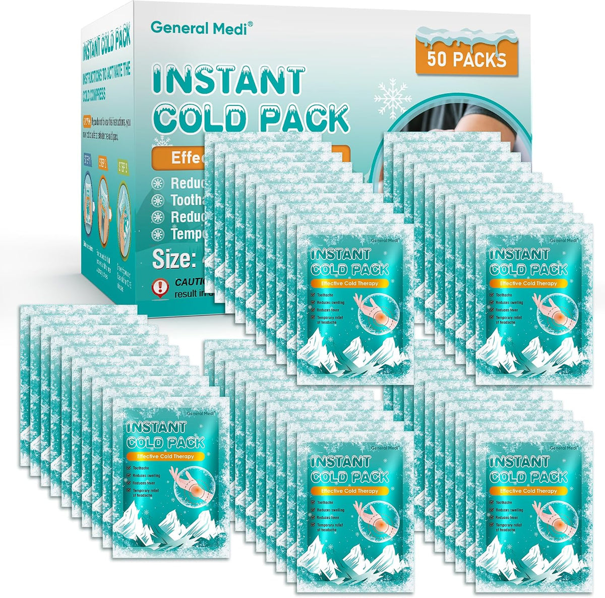 General Medi Instant Ice Cold Pack (4”x 5.5”) – 25 Packs Disposable Cold Therapy Ice Packs for Pain Relief, Swelling, Inflammation, Sprains, Toothache – for Athletes & Outdoor Activities