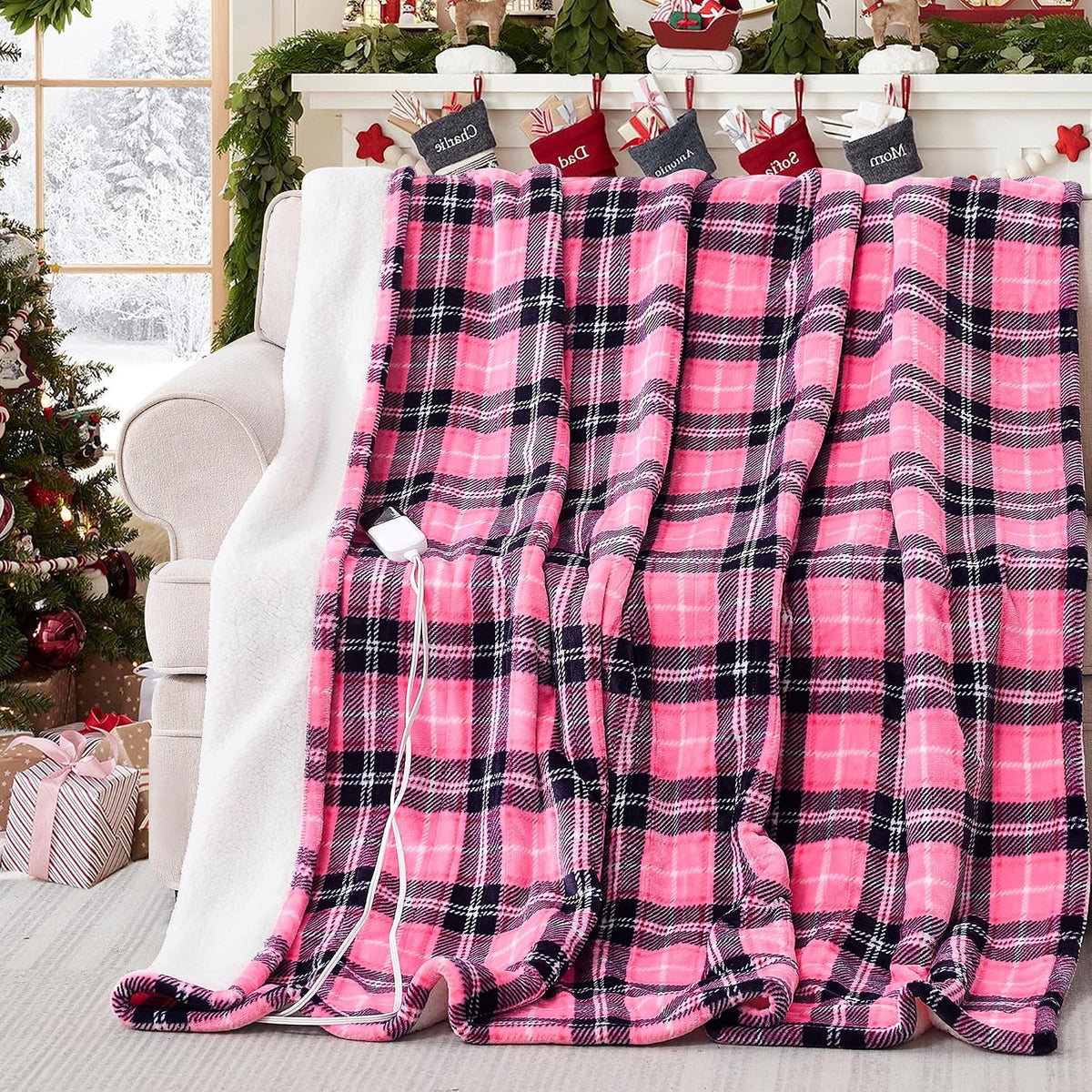 Heated Electric Blanket, Red Christmas Sherpa Plaid Throw Blanket